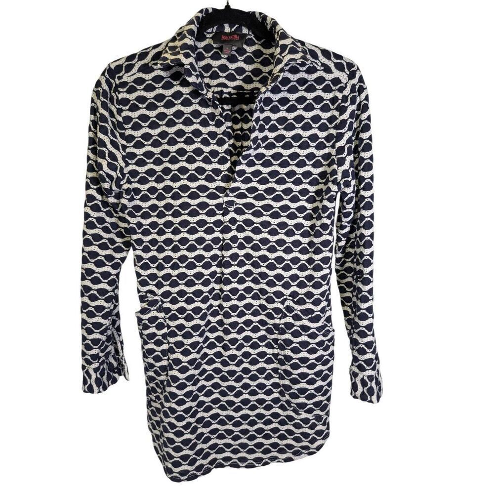 Forcynthia Beachwear Navy and White Textured Long Sleeve Swim  Cover Up Dress Wo